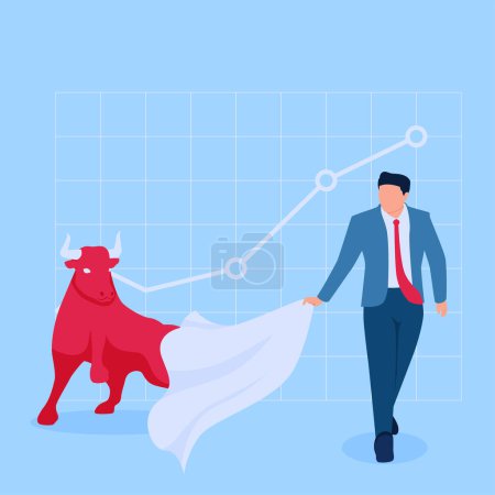 Illustration for Matador holding cloth away from bull, metaphor of rising share prices in stock market - Royalty Free Image