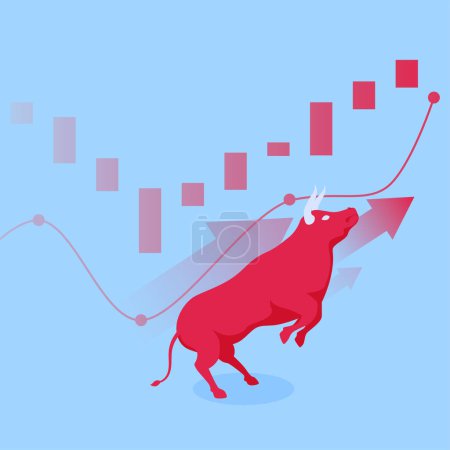 Illustration for The bull raises its two front legs jumping over the graph, a metaphor for rising share prices in the stock market - Royalty Free Image