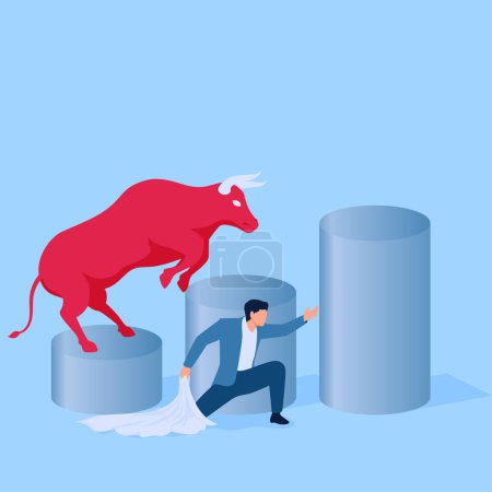Illustration for The matador allows the bull to jump over the graph, a metaphor for rising share prices on the stock market - Royalty Free Image