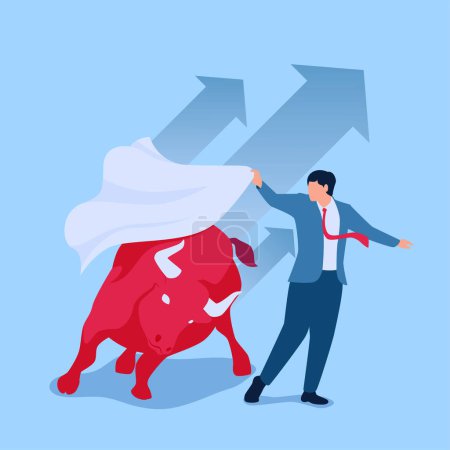 Illustration for Matador waving a cloth deceives an angry bull, metaphor of rising share prices in the stock market - Royalty Free Image