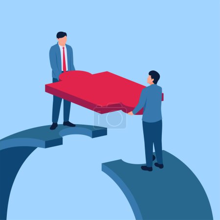 Illustration for People holding puzzle pieces and making a bridge, metaphor of mergers and acquisitions. Simple flat conceptual illustration. - Royalty Free Image