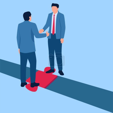 Illustration for People shaking hands and making bridges, metaphor of mergers and acquisitions. Simple flat conceptual illustration. - Royalty Free Image