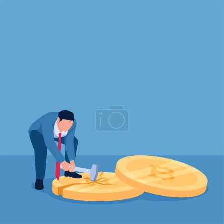 Man hits a crypto coin with a sledgehammer until it cracks and shatters, illustration for a crypto collapse.