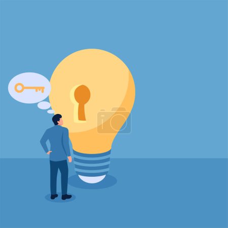 A man standing in front of an idea lamp forgot to bring his keys, illustration for lack of ideas.