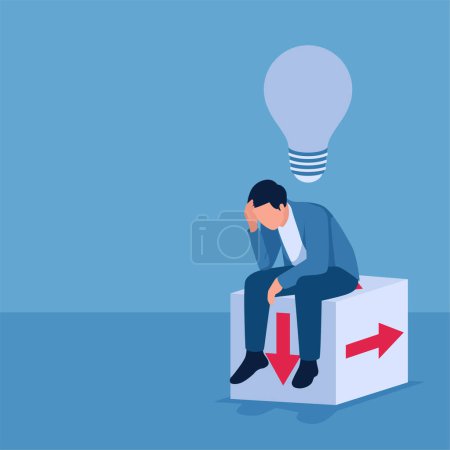 A man sits on a confused direction cube and the idea light goes off above his head, illustration for lack of ideas.