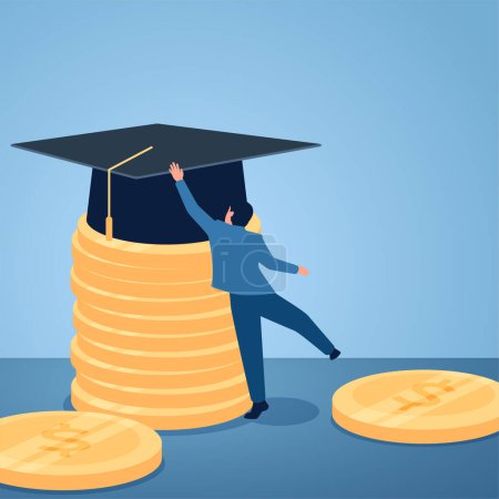 Ilustración de Un hombre busca un tope de graduación en una pila de monedas, ilustración para inversión educativa. - Imagen libre de derechos