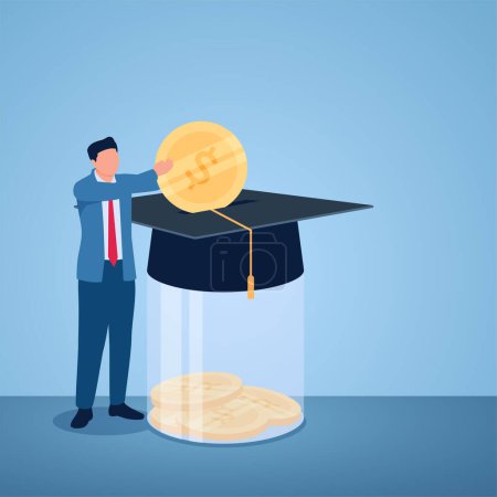 Ilustración de Un hombre pone monedas en una alcancía gorra de graduación, ilustración para la inversión educativa. - Imagen libre de derechos