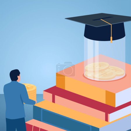 Ilustración de Un hombre llevando monedas hacia una alcancía con una gorra de graduación encima de un libro, ilustración para inversión educativa. - Imagen libre de derechos