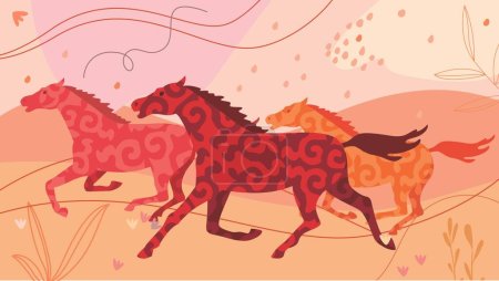 Téléchargez les illustrations : Image vectorielle de chevaux traversant la steppe avec des ornements nationaux floraux et orientaux - en licence libre de droit