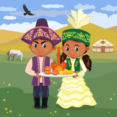 Téléchargez les illustrations : Image vectorielle des vacances de Nauryz, érable en costumes nationaux kazakhs - en licence libre de droit