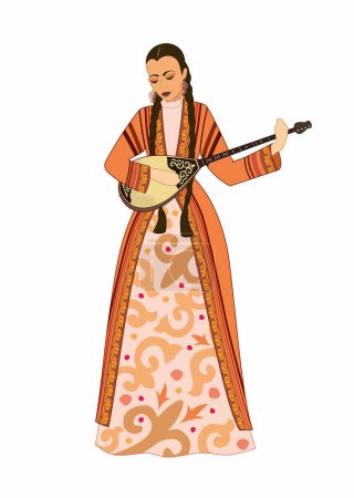 Ilustración de Ilustración vectorial. Una hermosa joven vestida con un traje nacional kazajo toca un instrumento musical dombra en el fondo de una yurta - Imagen libre de derechos
