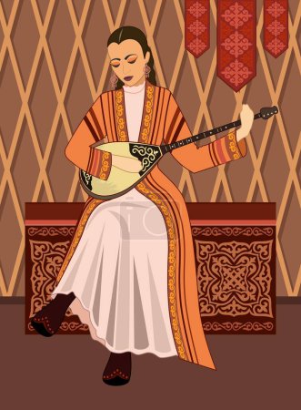 Illustration for Vector illustration. A beautiful young woman in a Kazakh national costume plays a dombra musical instrument on the background of a yurt - Royalty Free Image