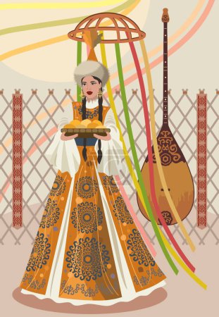 Illustration for Vector illustration. A beautiful young woman in a Kazakh national costume with a plate on a background of ornaments and traditional Kazakh symbols - Royalty Free Image