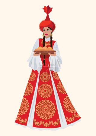 Illustration for Vector illustration. A beautiful young woman in a Kazakh national costume with a plate on a white background - Royalty Free Image
