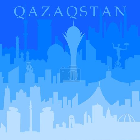 Ilustración de Ilustración vectorial. Postal festiva para el Día de la Independencia de la República de Kazajstán, Siluetas de ciudades, símbolos, lugares de interés - Imagen libre de derechos