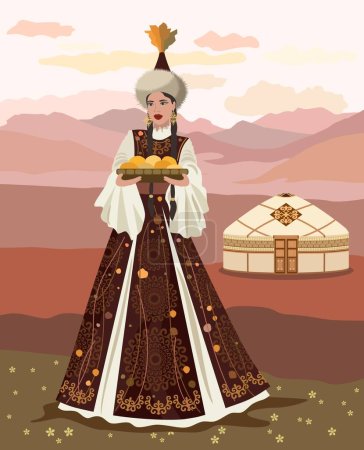 Téléchargez les illustrations : Illustration vectorielle. Une belle jeune femme en costume national kazakh avec une assiette sur le fond d'un paysage de montagne et le ciel - en licence libre de droit