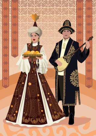 Téléchargez les illustrations : Belle jeune femme et homme en costume national kazakh avec dombra et assiette sur le fond d'ornements et de symboles kazakhs traditionnels - en licence libre de droit