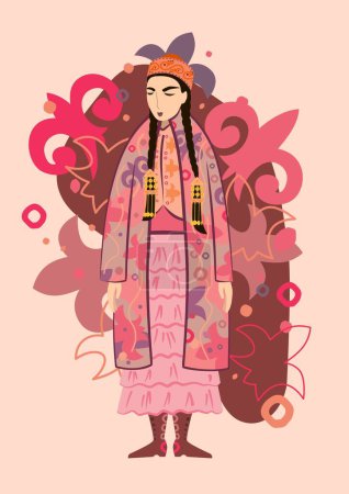 Illustration for Vector illustration. A beautiful young woman in a Kazakh national costume on a background of ornaments and traditional Kazakh symbols. A postcard for Mother's Day. - Royalty Free Image