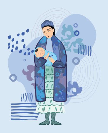 Ilustración de Ilustración vectorial. Una hermosa mujer joven en un traje nacional kazajo con un recién nacido sobre un fondo de adornos y símbolos tradicionales kazajos. Una postal para el Día de la Madre. - Imagen libre de derechos