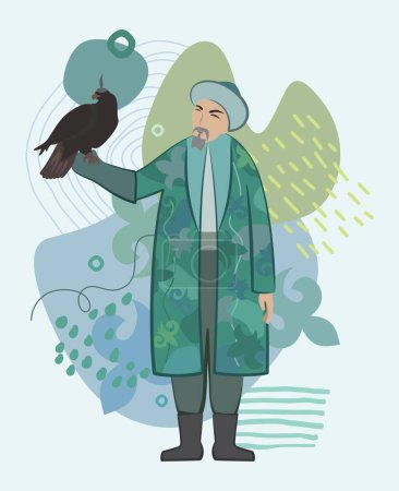 Ilustración de Ilustración vectorial. Un anciano con un traje nacional kazajo con un águila en el brazo sobre un fondo de adornos y símbolos tradicionales kazajos. - Imagen libre de derechos