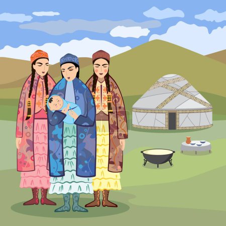 Vektorbild von drei jungen Frauen mit einem neugeborenen Baby in einer kasachischen Nationaltracht auf einem Landschaftshintergrund
