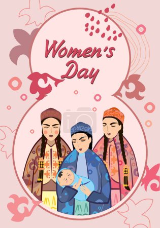Vektorbild von drei jungen Frauen mit einem neugeborenen Baby in einem kasachischen Nationalkostüm, Muttertagspostkarte