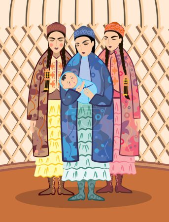 Image vectorielle de trois jeunes femmes avec un nouveau-né en costume national kazakh, sur fond de symboles kazakhs traditionnels, carte postale de la fête des mères