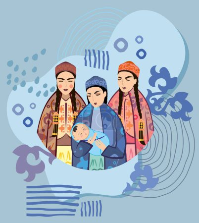 Image vectorielle de trois jeunes femmes avec un nouveau-né en costume national kazakh sur fond d'ornements et de symboles traditionnels