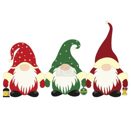 Foto de Tres lindos pequeños gnomos de Navidad en sombreros de santa sobre fondo blanco. - Imagen libre de derechos