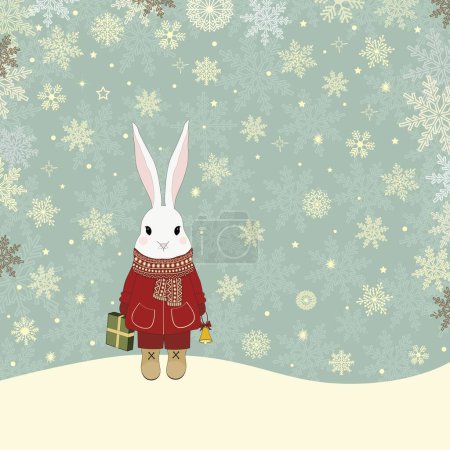 Foto de Ilustración de Navidad con un lindo conejo de dibujos animados en la nieve - Imagen libre de derechos