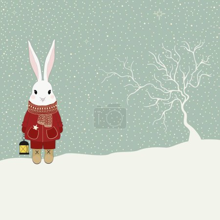 Foto de Ilustración de Navidad con un lindo conejo de dibujos animados en invierno - Imagen libre de derechos