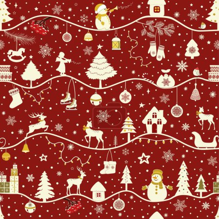 Photo for Greeting seamless pattern with Christmas elements on red background - Royalty Free Image
