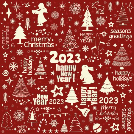 Foto de Patrón de saludo navideño con inscripciones navideñas y elementos sobre fondo rojo - Imagen libre de derechos