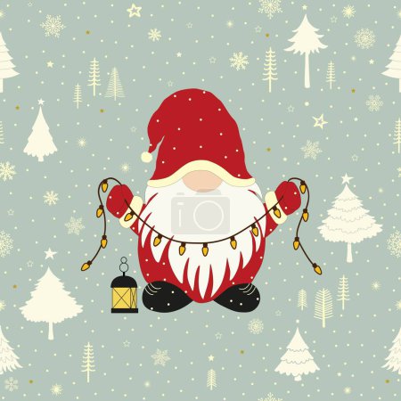 Téléchargez les illustrations : Carte de voeux avec mignon petit gnome de Noël en chapeau de Père Noël rouge - en licence libre de droit