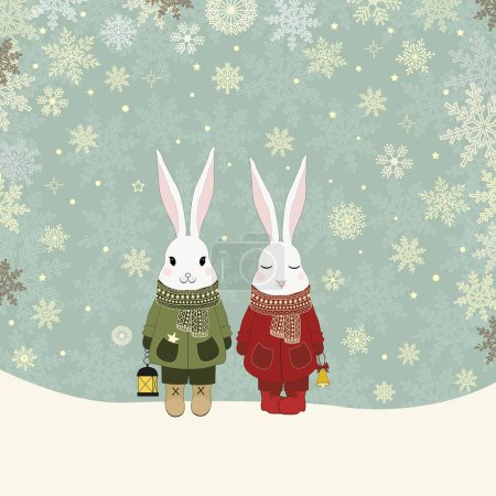 Foto de Ilustración de Navidad con lindos conejos de dibujos animados en la nieve - Imagen libre de derechos