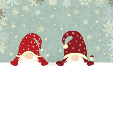 Foto de Tarjeta de felicitación con lindos gnomos de Navidad en sombreros rojos de santa y lugar para el texto - Imagen libre de derechos
