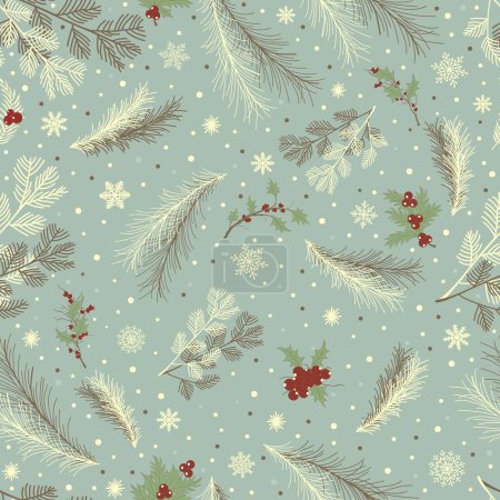 Foto de Seamless pattern with  fir branches and red berries on blue background - Imagen libre de derechos