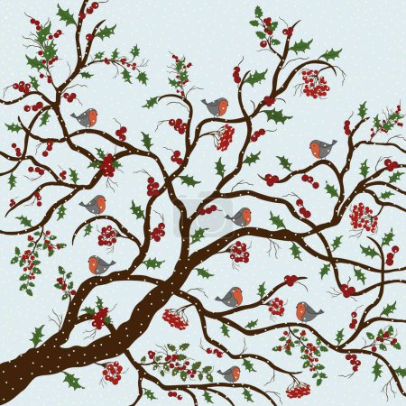 Foto de Greeting card with tree and birds and red berries in winter on blue background - Imagen libre de derechos