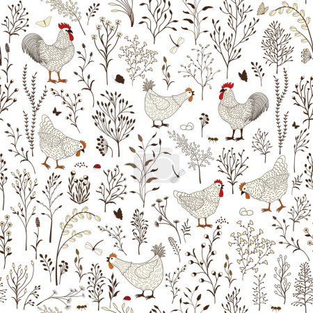 Foto de Patrón sin costura floral con lindo pollo de dibujos animados sobre fondo blanco - Imagen libre de derechos