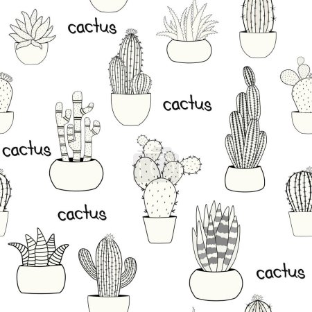 Foto de Lindo patrón de decoración sin costuras con planta de cactus en macetas sobre fondo blanco - Imagen libre de derechos
