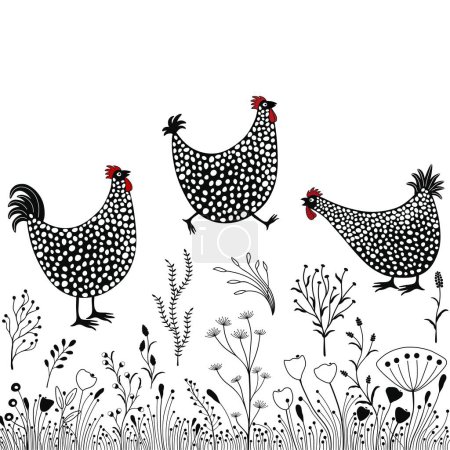 Foto de Tarjeta con divertidos pollos de dibujos animados. Ilustración en blanco y negro. - Imagen libre de derechos