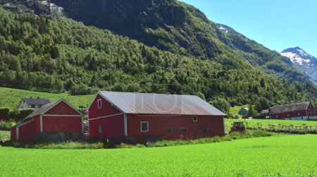 Téléchargez les photos : Bâtiments agricoles rouges sous la montagne - en image libre de droit