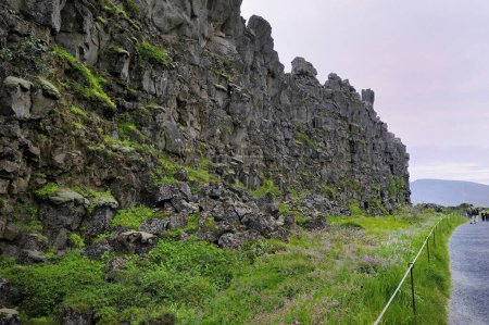 Téléchargez les photos : Diviser la plaque tectonique, Islande - 5 juillet 2022 : La face rocheuse de la plaque nord-américaine - en image libre de droit