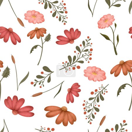 Wildflowers and leaves on white background watercolor painting, seamless repeat pattern