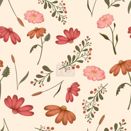Wildflowers and leaves on beige background watercolor painting, seamless repeat pattern