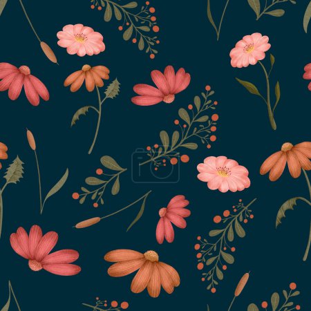Wildflowers and leaves on dark blue background watercolor painting, seamless repeat pattern