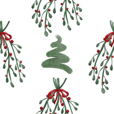 Mistletos et baies avec un arbre de Noël Décoration florale de Noël peinture à l'aquarelle, illustration de motif sans couture sur fond blanc