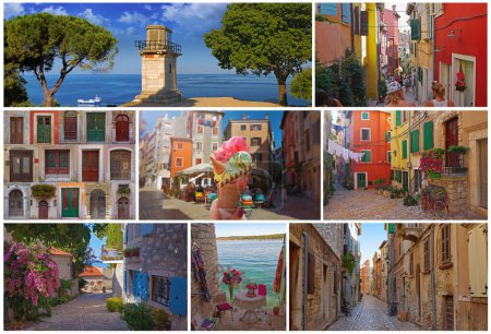 Téléchargez les photos : A colorful collage of beautiful places in cozy and quiet town Rovinj.Rovinj is a tourist destination on Adriatic coast of Croatia - en image libre de droit