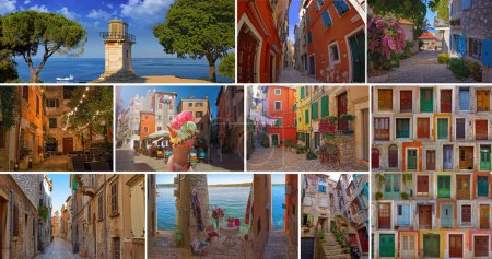 Téléchargez les photos : Un collage coloré de beaux endroits dans la ville confortable et calme Rovinj.Rovinj est une destination touristique sur la côte Adriatique de la Croatie - en image libre de droit