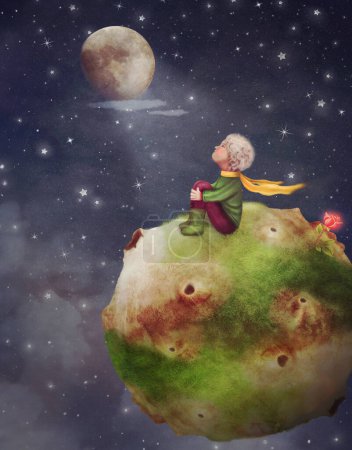 Téléchargez les photos : Le Petit Prince sur sa petite planète avec rose devant le beau ciel nocturne et la lune, illustration art - en image libre de droit